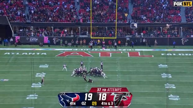 Atlanta Falcons kicker Younghoe Koo attempts a field goal against the Houston Texans.